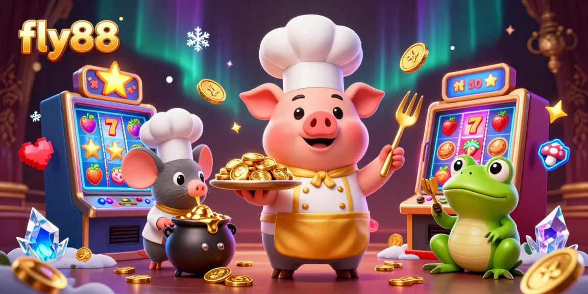 Experience the excitement of fly88 with a vibrant casino scene featuring cartoon characters serving golden coins.