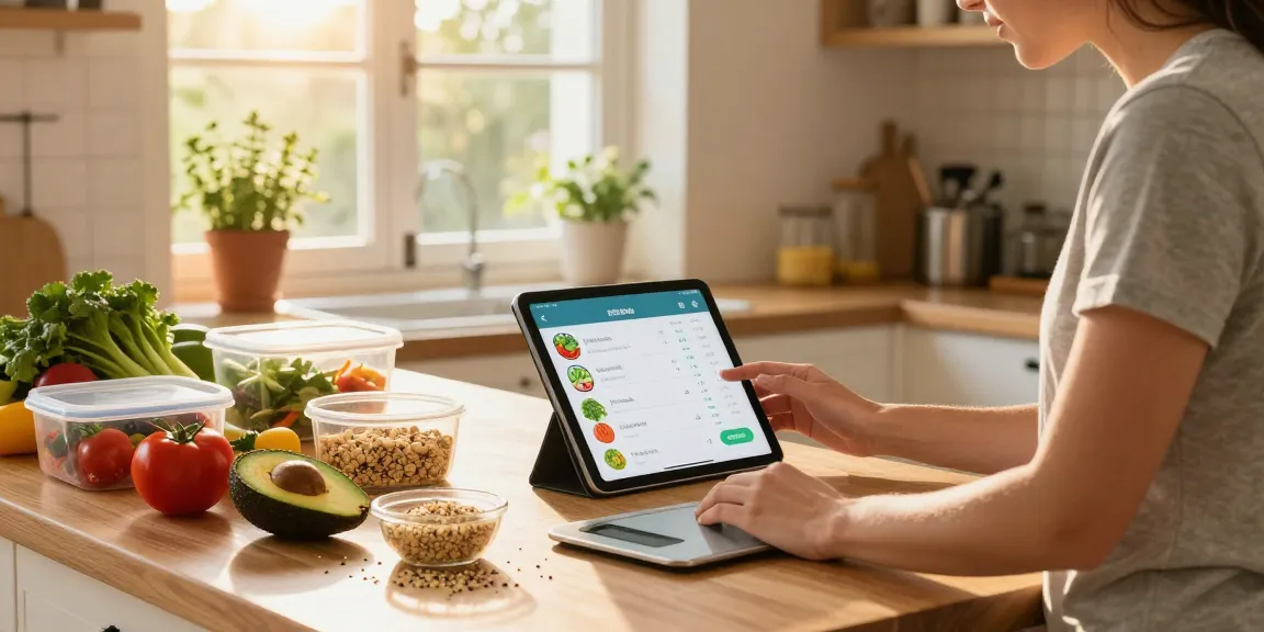 Nutritionist analyzing best food tracker app while preparing healthy meal with fresh ingredients in sunlit kitchen.