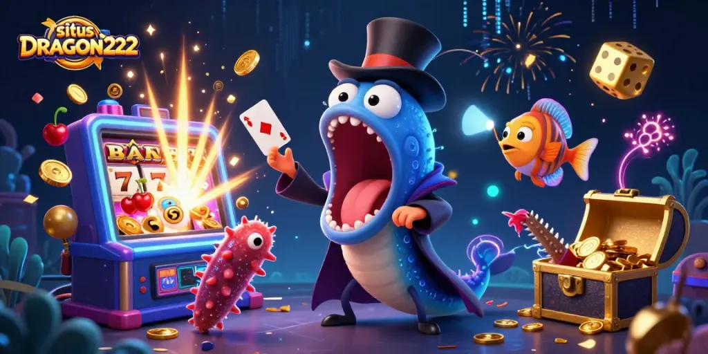 Experience the excitement of situs DRAGON222 with stunning visuals of animated sea creatures and casino elements.