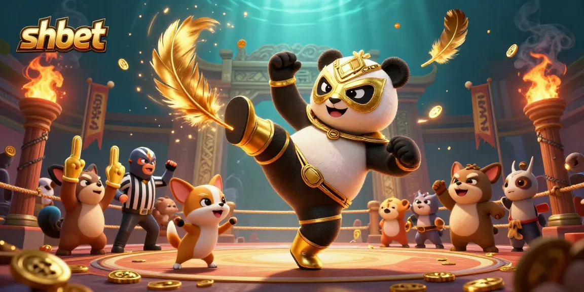 Experience the excitement of shbet's casino with a wrestler panda and vibrant crowd in action.