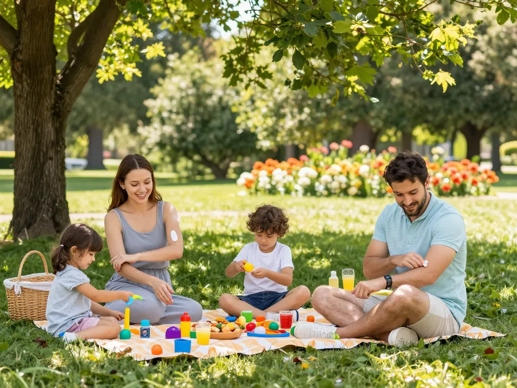 Family applying mosquito repellent while enjoying a sunny picnic in the park, promoting outdoor safety and comfort