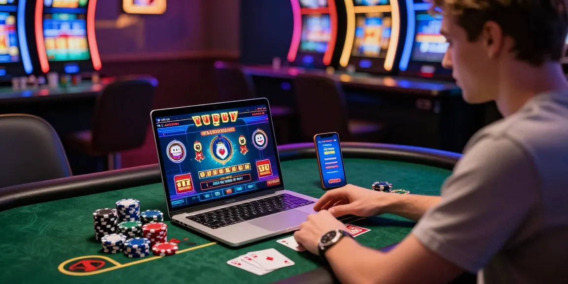 Engaged player at a laptop showcasing uk online credit card casinos in vibrant virtual gaming environment.