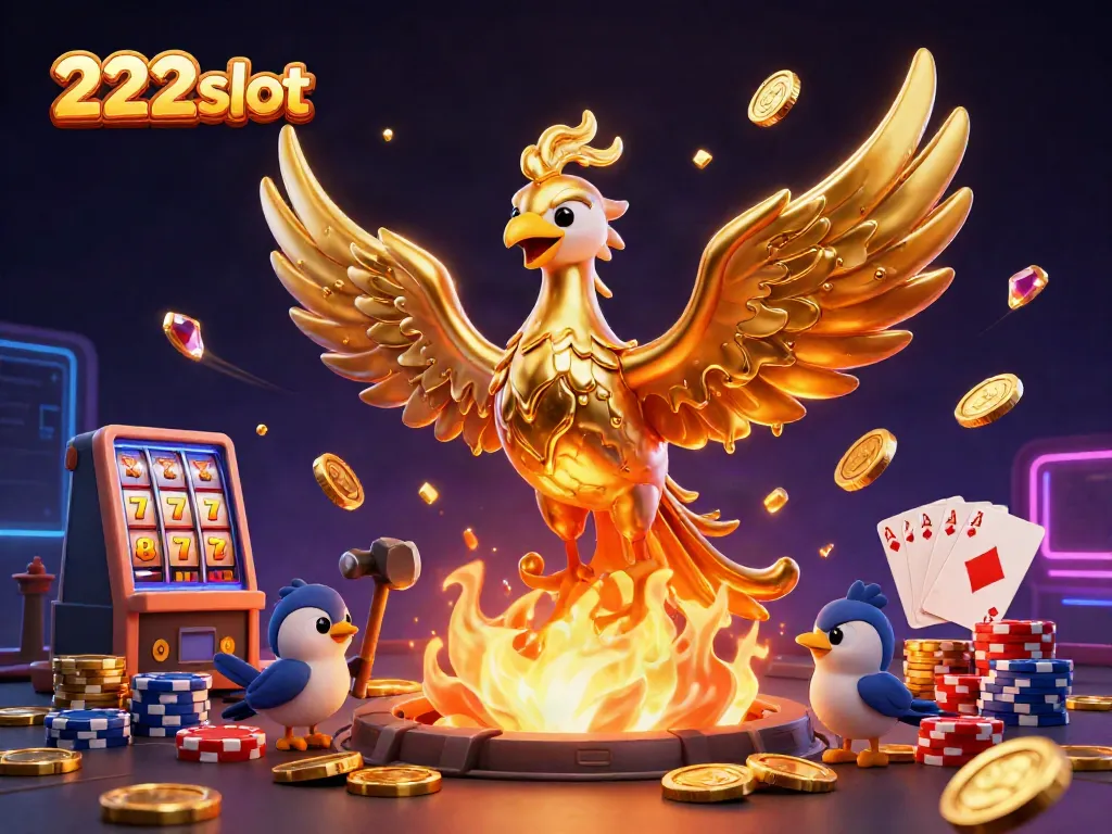 Menangkan jackpot di 222slot dengan ilustrasi kasino berwarna emas dan perhiasan.
