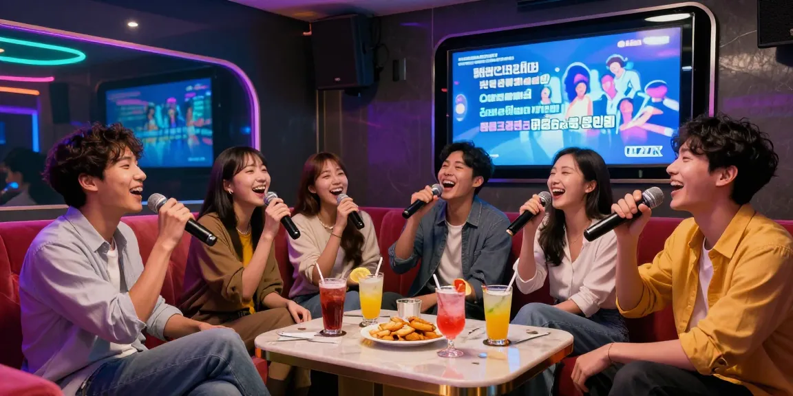 Friends enjoying karaoke at 강남 퍼펙트 가라오케, vibrant atmosphere with colorful lights and drinks.