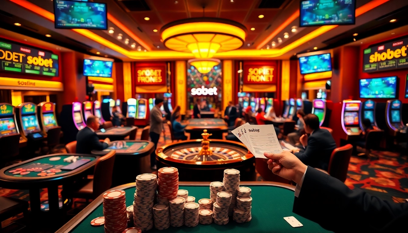 Experience sbobet online betting in a lively casino scene with vibrant tables and players engaged in high-stakes action.