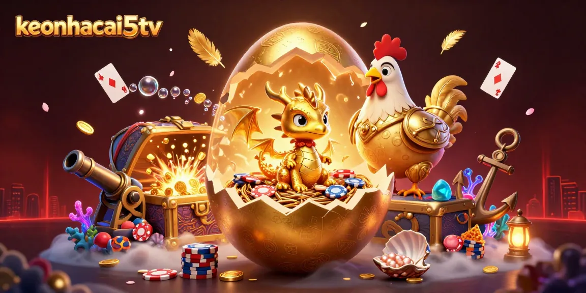 keonhacai5tv showcases a golden dragon and poker chips amidst floating cards and treasures in a casino-themed scene.
