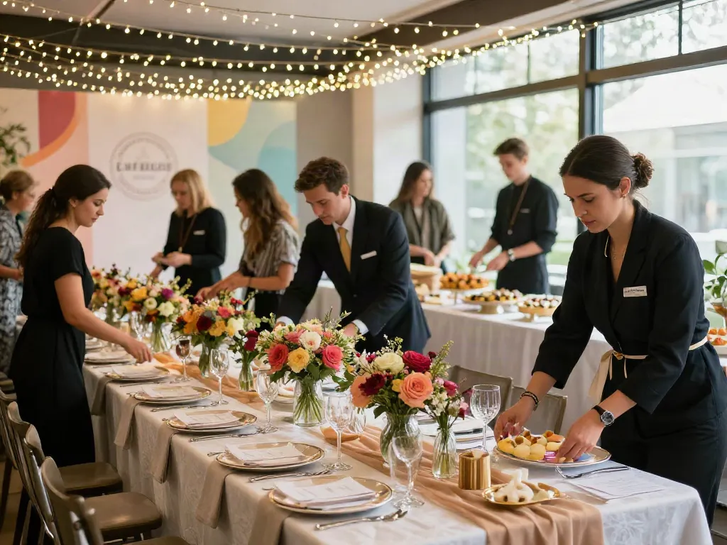 Event rentals arranged beautifully with tables, centerpieces, and fairy lights for a sophisticated gathering.