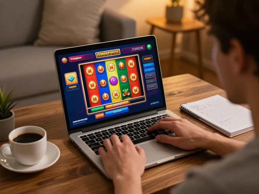 Player enjoying nagapoker slot games on a laptop in a cozy home setting.
