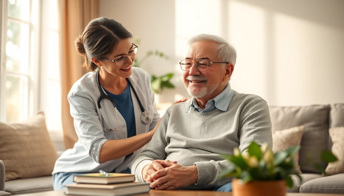 Elderly in home care near me with a caregiver providing support in a cozy living room setting.