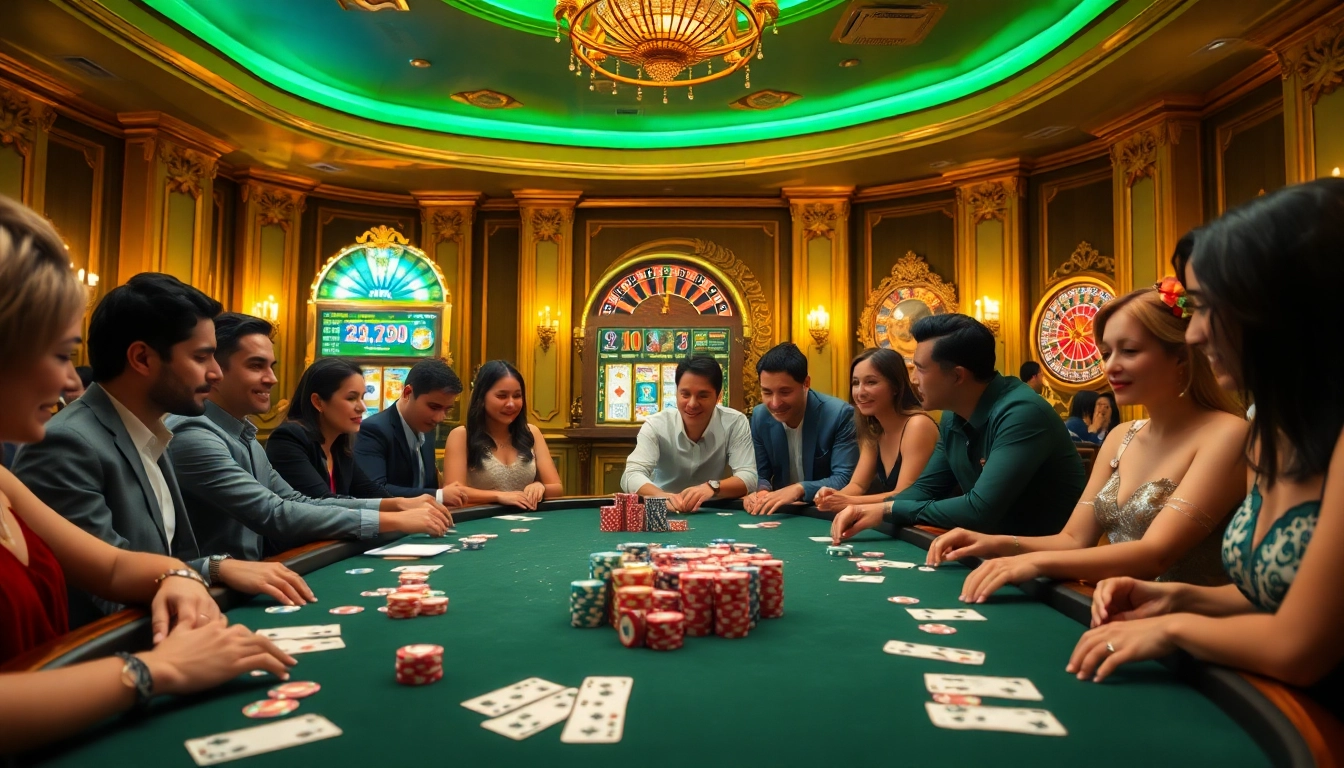 Engaged players thrillingly enjoying the MV88 game at a vibrant casino table with colorful chips.