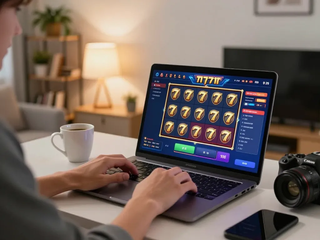 Player engages with slot777 on laptop displaying colorful graphics from a comfortable home setup.