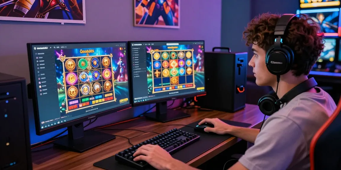 Engaging in Garuda303 login on a vivid online gaming setup with colorful slot games and immersive accessories, reflecting a dynamic gaming atmosphere.