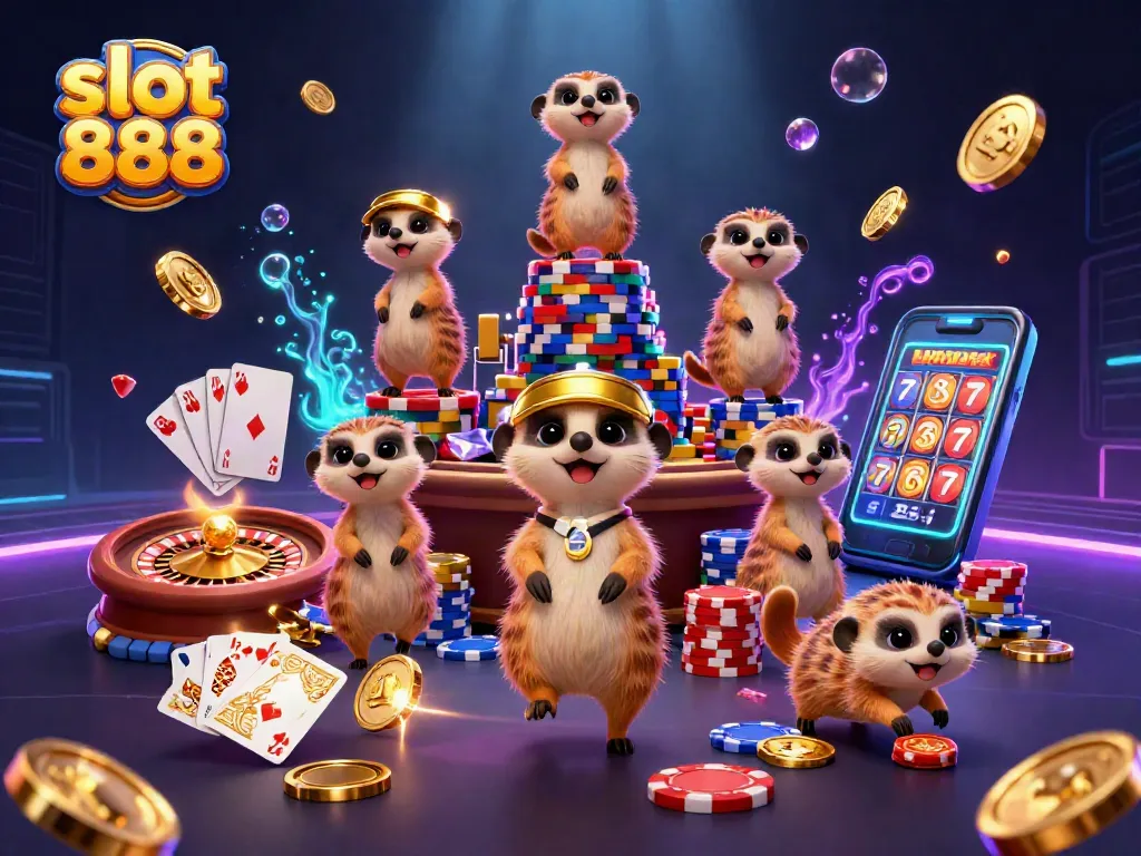 Experience the excitement of slot 888 with meerkats running a vibrant casino operation.