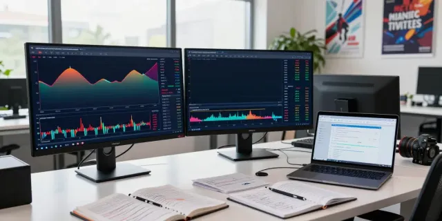 Trader using MetaTrader 5 platform in a modern workspace, analyzing dynamic market trends.