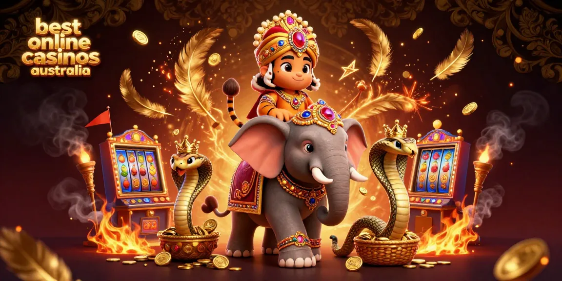 Experience the thrill of the best online casinos Australia with a vibrant 3D scene featuring a maharaja tiger and slot machines.