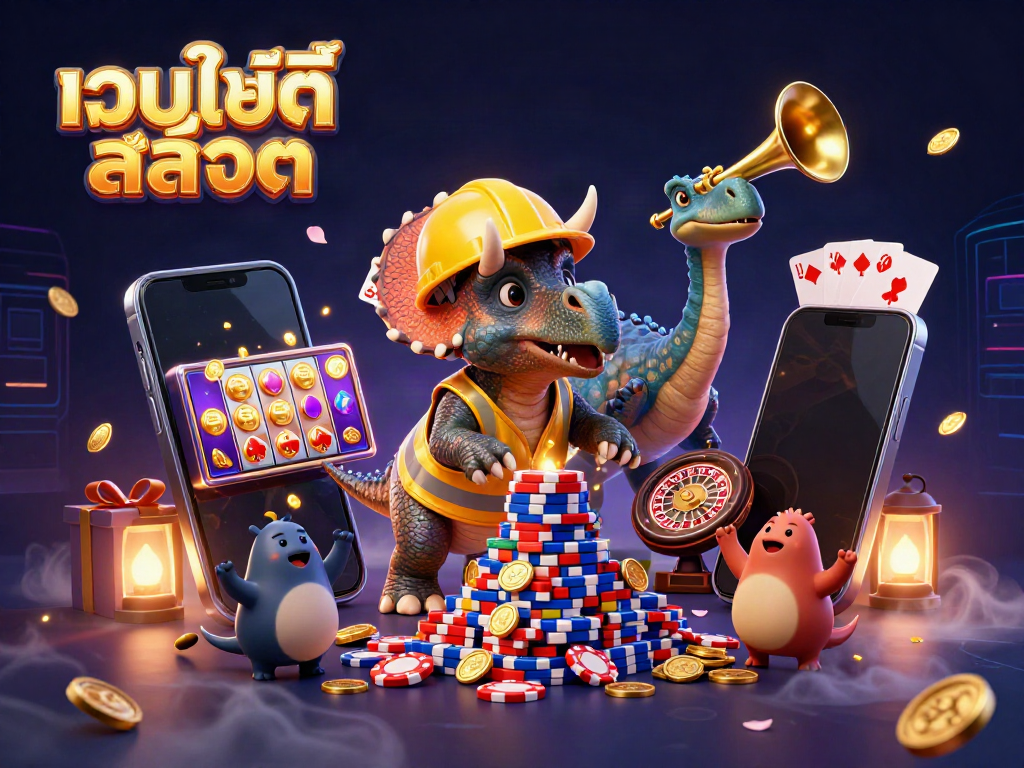 ภาพการเฉลิมฉลองของเว็บไซต์สล็อตที่มีตัวการ์ตูน 3D และเกมสล็อต