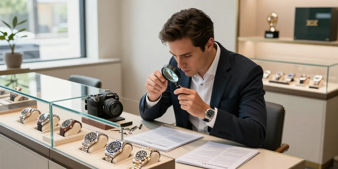 Elegant display of rolex replica watches in a modern showroom.