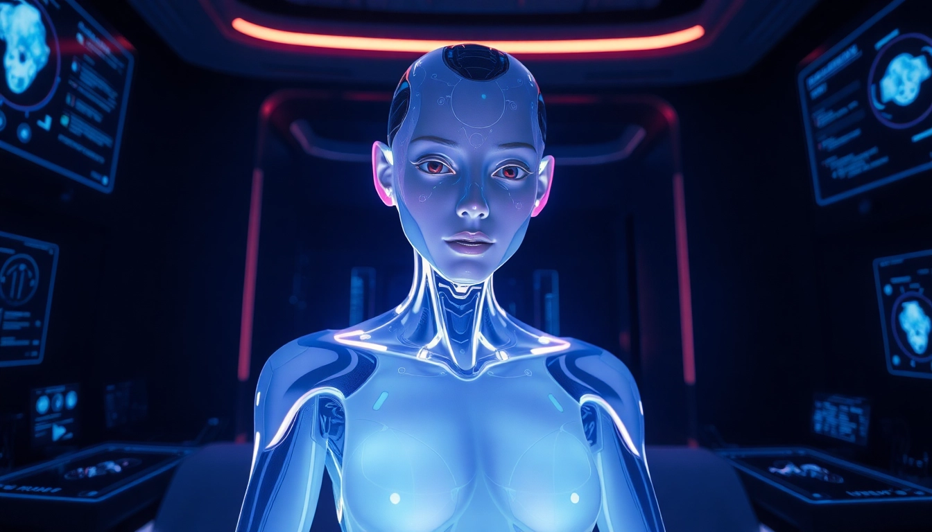 AI sex chatbot in a futuristic, ethereal setting with digital interfaces.