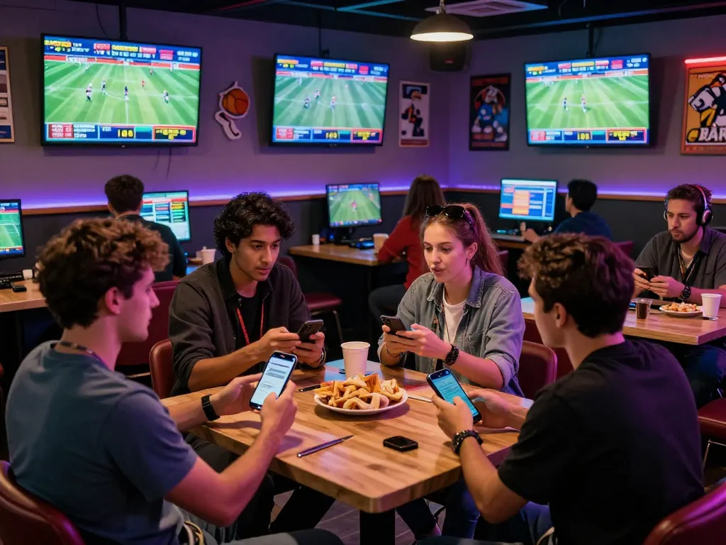 Betting enthusiasts engaging with dark web links while placing live sports bets in a vibrant lounge.