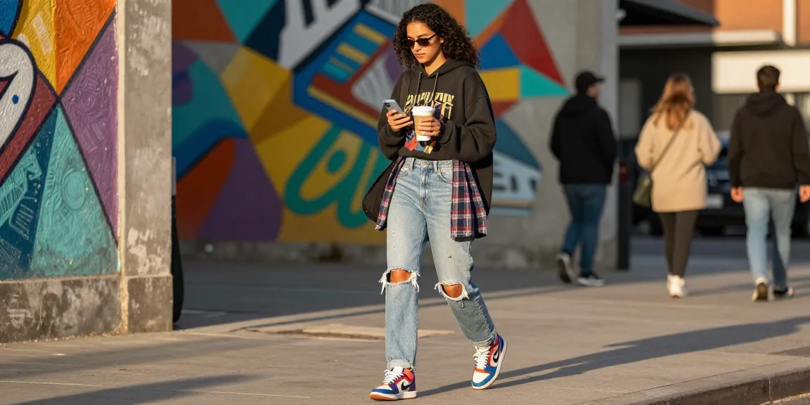 Young woman in trendy streetwear confidently posing in a vibrant urban setting, showcasing fashion culture at https://shs-dome5.com/.