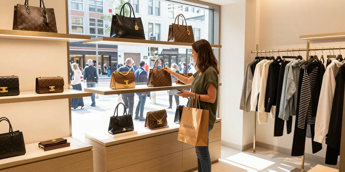 Engaging shopper exploring high-quality 레플리카 쇼핑몰 luxury replica items in vibrant retail environment.