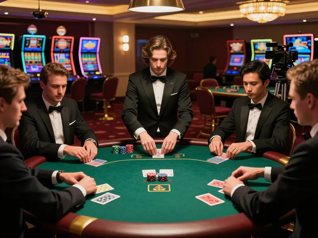 fly88 poker game in an upscale casino, showcasing strategic gameplay and intense player focus.