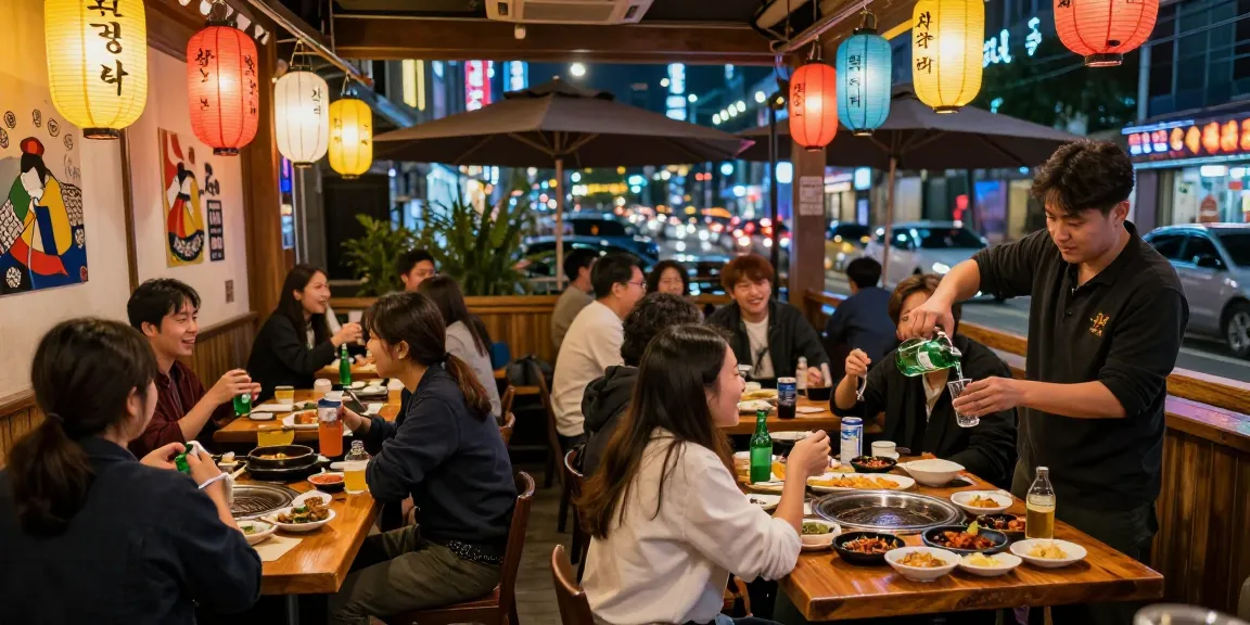 Visitors enjoying 상봉동 한국관나이트 at a vibrant Korean pub with lively atmosphere and traditional decor.