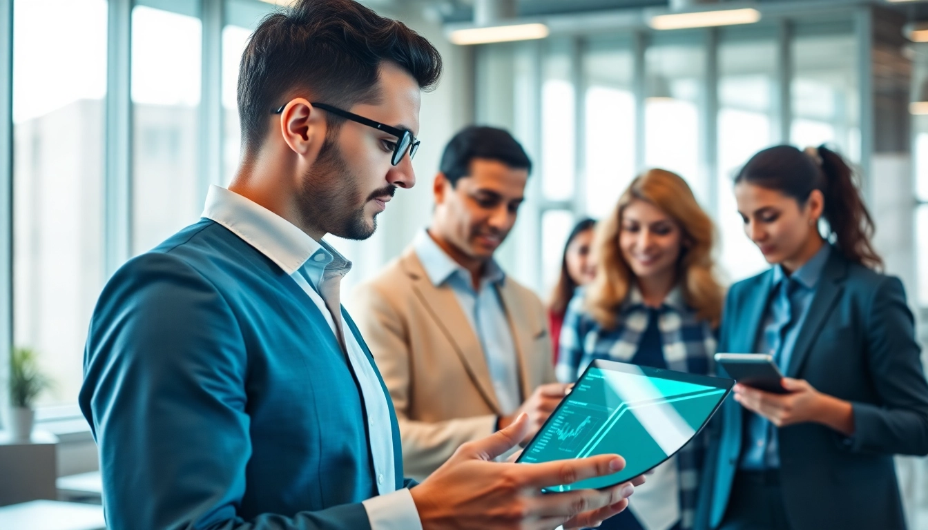 Empower your workflow with an enterprise ai assistant aiding a team in a modern office.
