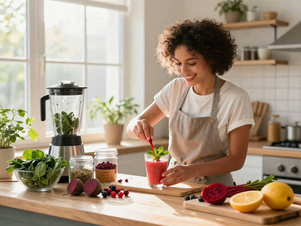 Vegan astaxanthin supplement ingredients blending in a bright kitchen for a healthy smoothie.