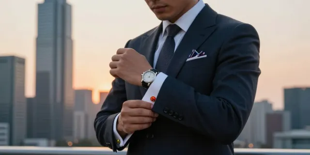 Man showcasing stylish men's cufflinks against a city skyline at sunset.