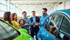 Buy a car with confidence at this inviting dealership showcasing happy families and vibrant vehicles.