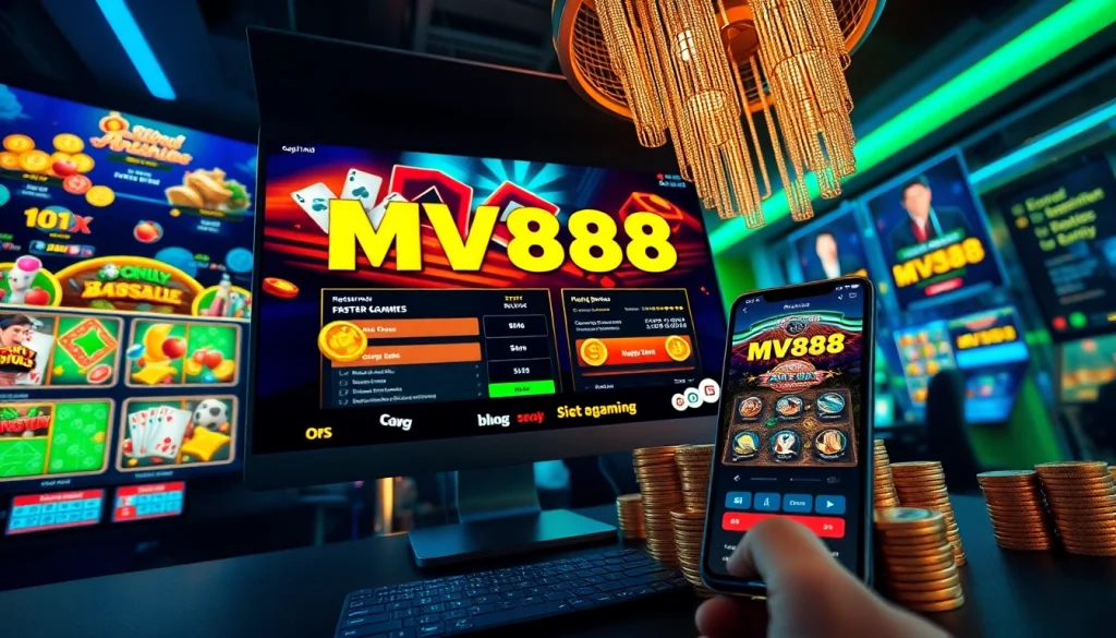 Vibrant online gaming interface featuring MV88 game elements and app.