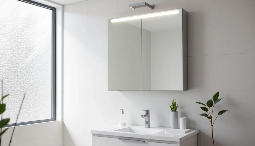 Spiegelschrank mit LED Beleuchtung in modernem Badezimmer mit eleganten Details und natürlichem Licht.