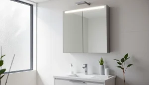 Spiegelschrank mit LED Beleuchtung in modernem Badezimmer mit eleganten Details und natürlichem Licht.