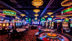 A dynamic casino scene featuring KJC AC logo with players at tables, slot machines, and vibrant neon lights.