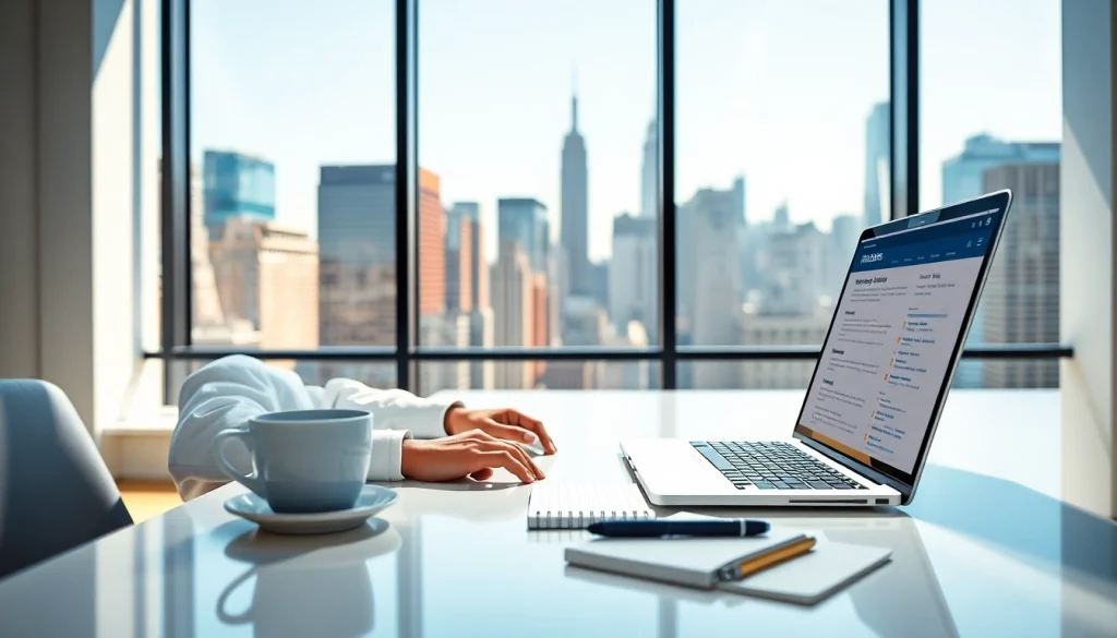 Applying for new york jobs at a desk with laptop and city skyline view.