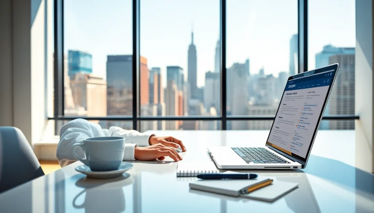 Applying for new york jobs at a desk with laptop and city skyline view.