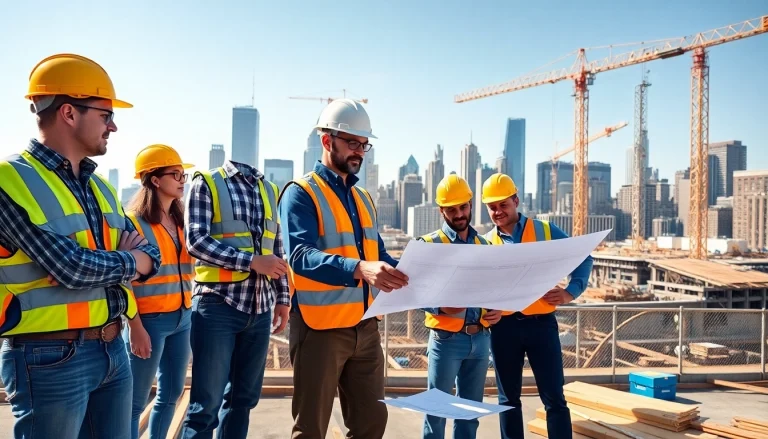 New York commercial general contractor team collaborating on-site with blueprints.