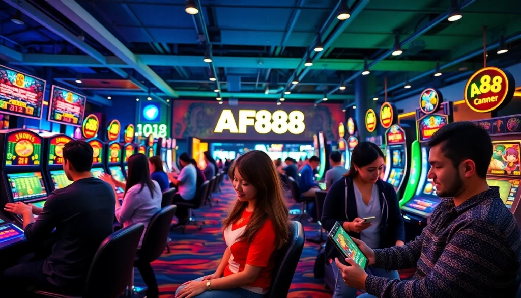 Experience the exciting online gambling atmosphere at af88.com, showcasing diverse players and digital games.