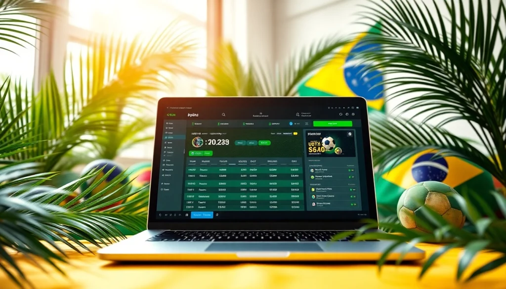 Discover the best sports betting sites Brazil in a vibrant and energetic environment featuring a sleek laptop.