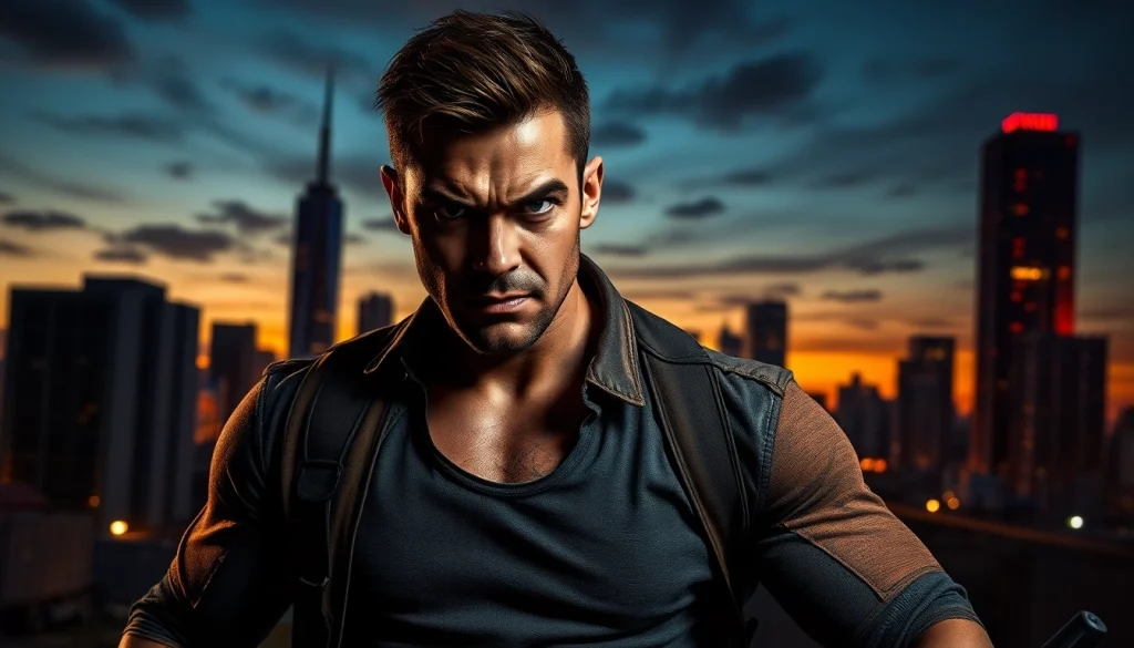 Action-packed scene depicting a protagonist better than Reacher in an urban setting, showcasing intensity and drama.