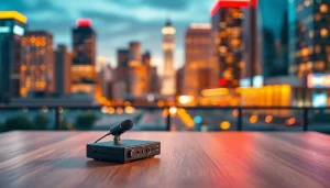 Capture the MV 88 audio device at dusk, highlighting its sleek design and urban setting.