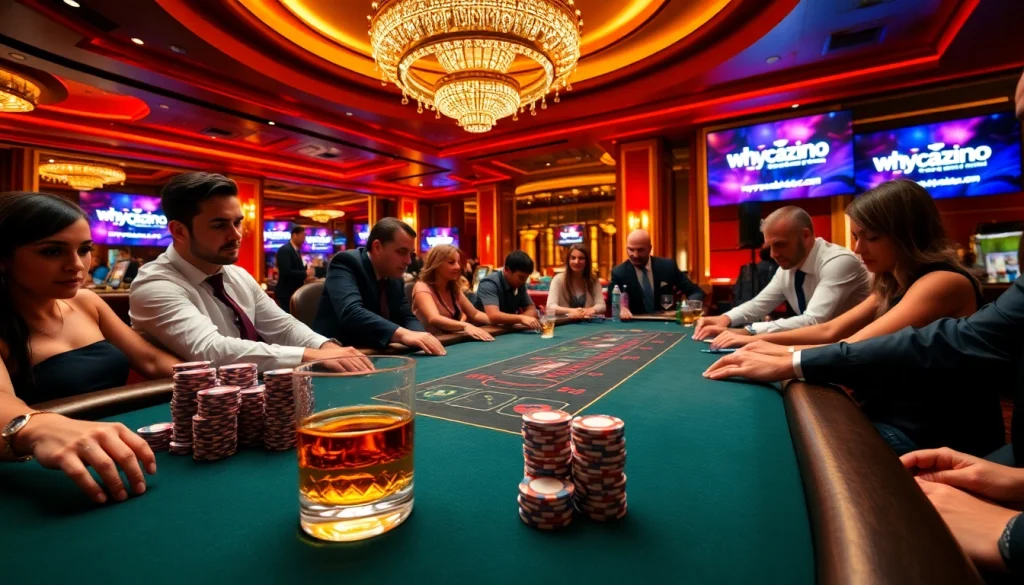 Experience high-stakes action at a luxurious casino table depicted in a vibrant scene featuring https://whycazino.com.