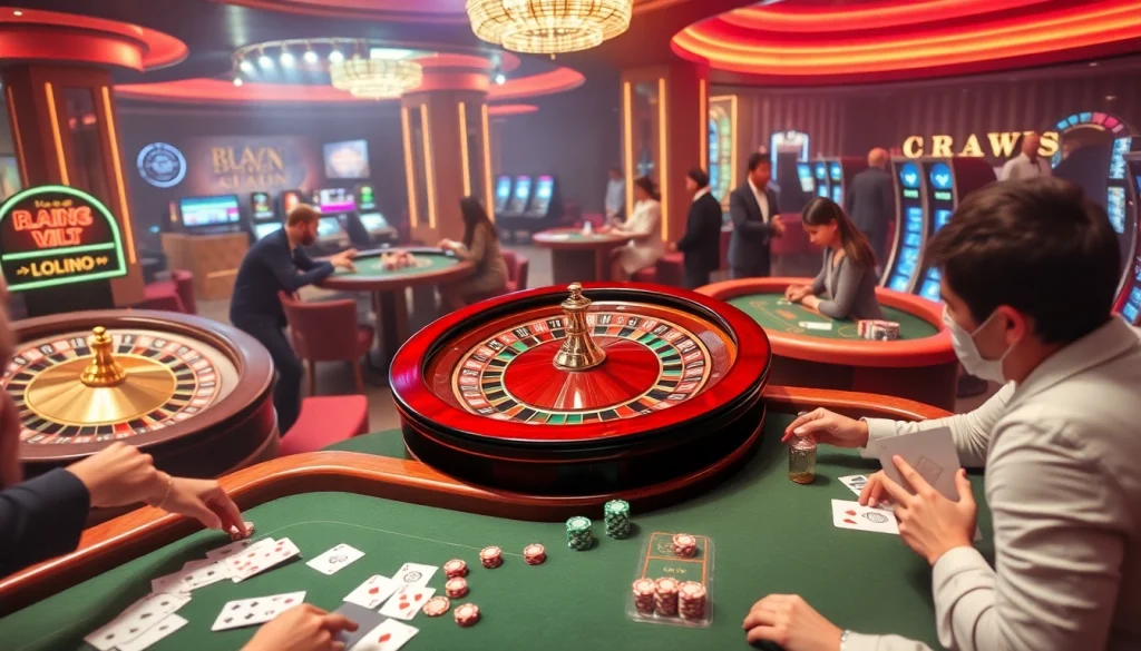A lively gambling scene showcasing roulette wheels and poker tables at KJC AC casino, capturing the thrill of gaming.