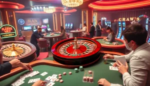 A lively gambling scene showcasing roulette wheels and poker tables at KJC AC casino, capturing the thrill of gaming.