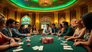 Engaged players thrillingly enjoying the MV88 game at a vibrant casino table with colorful chips.