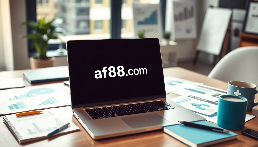 View of a laptop displaying af88.com in a professional workspace with marketing materials.