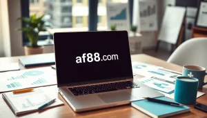 View of a laptop displaying af88.com in a professional workspace with marketing materials.