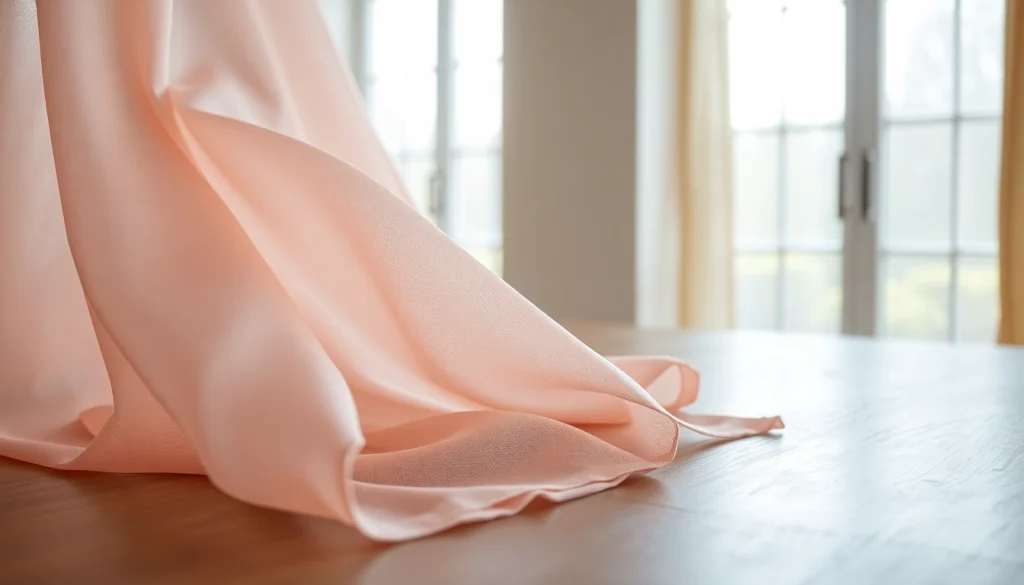 Mousseline stof met delicate textuur en pastelkleuren op een houten tafel.