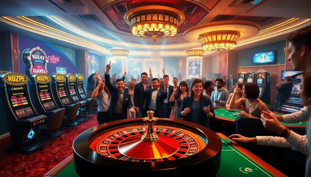 Exciting casino scene showing KJC AC 2 with players cheering at roulette, slot machines, and poker tables.